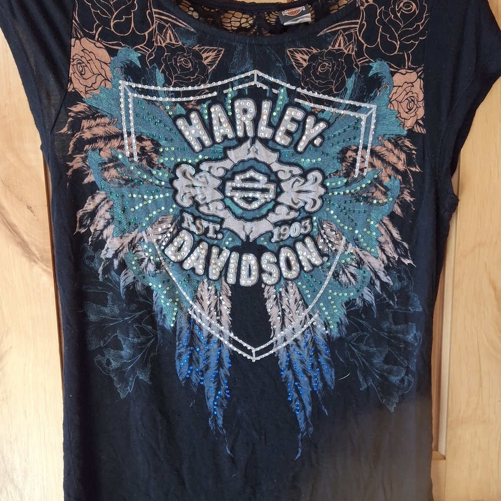 Harley-Davidson Black Graphic Tee with Teal & Blue Accents